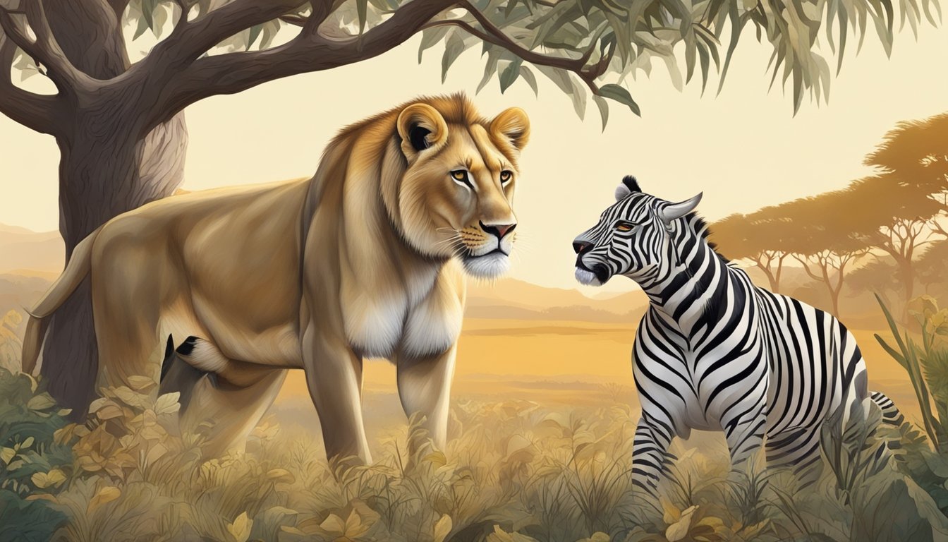 A lioness hunts and devours a zebra, while a nearby tree bears ripe, juicy fruit