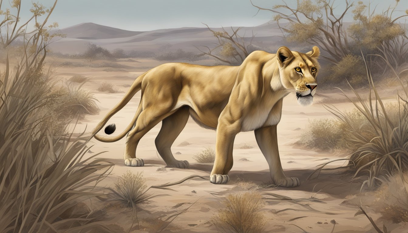 A lioness prowls through a barren landscape, surrounded by wilting plants and empty nests