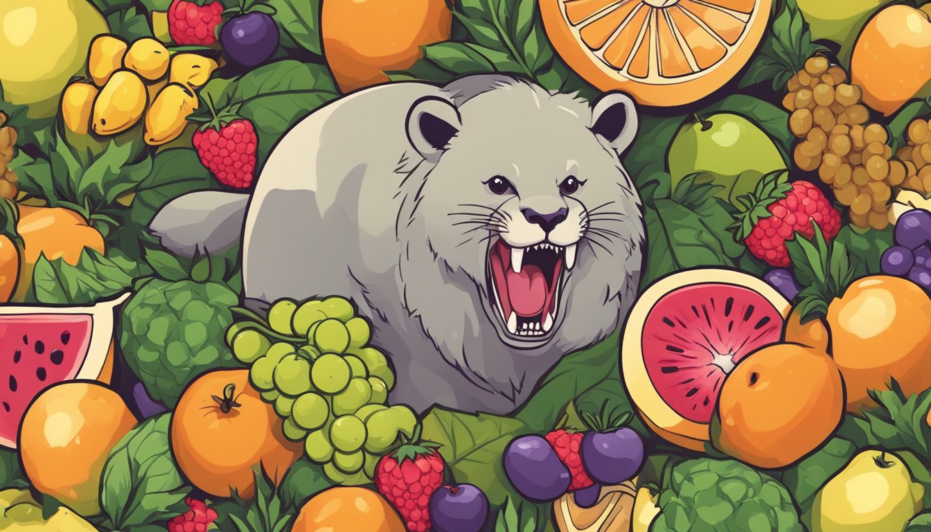 A carnivore surrounded by fruit, struggling to resist temptation