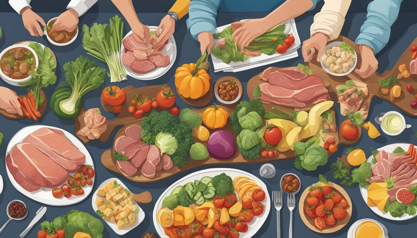 A table set with a variety of meats, fruits, and vegetables, surrounded by people engaged in conversation