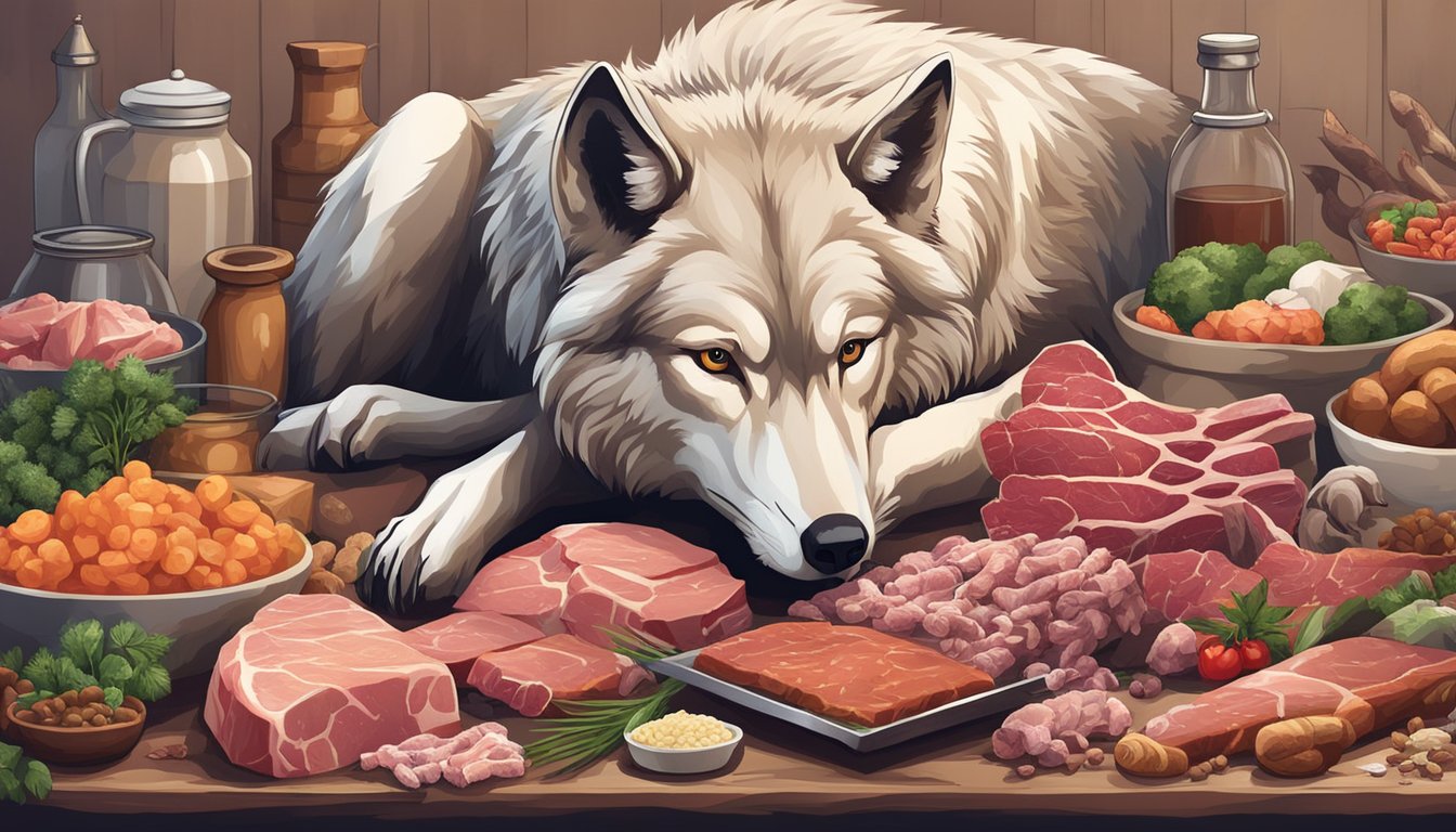 A wolf with a pile of raw meat and bones, surrounded by various types of fresh animal proteins, such as beef, chicken, and fish