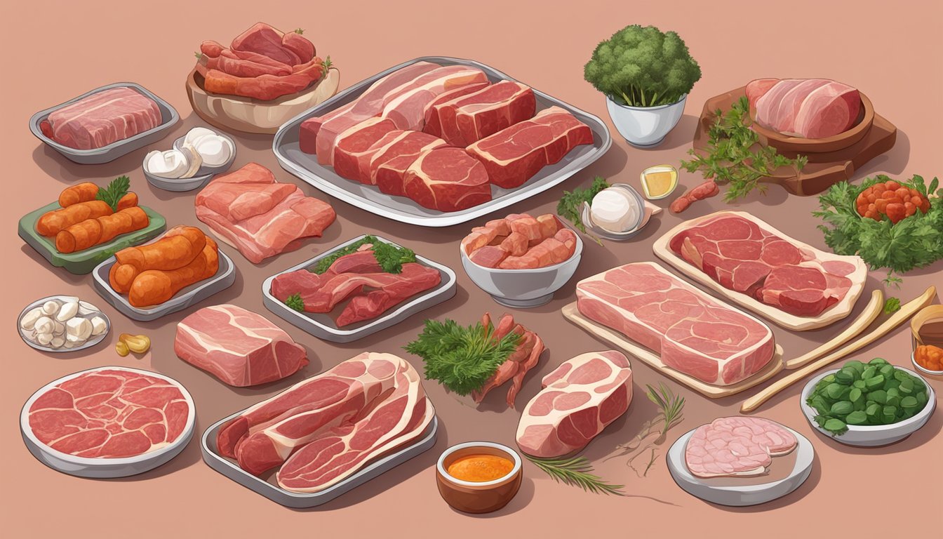 A table with a variety of raw meats, bones, and organs arranged in a neat and organized manner, with a clear focus on the carnivorous aspect of the diet