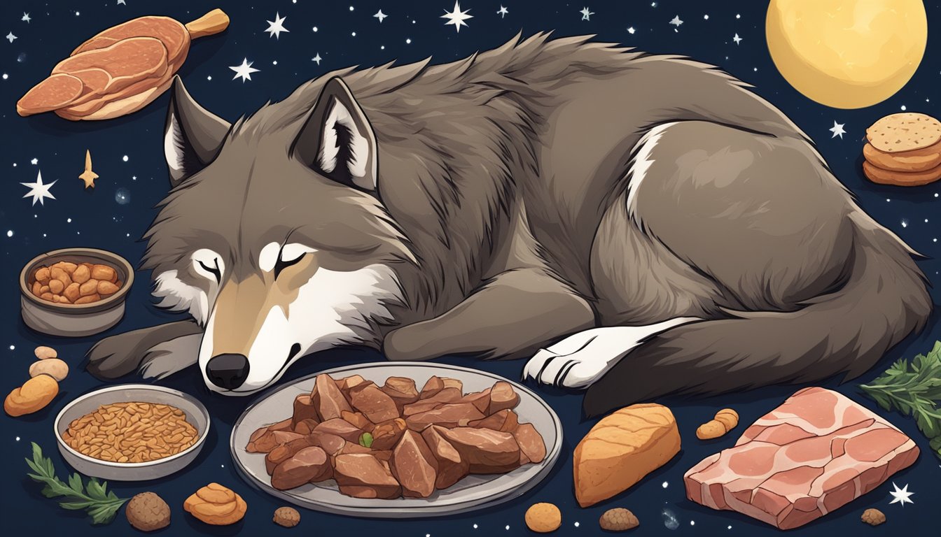 A wolf surrounded by various meats, struggling to sleep under a starry night sky