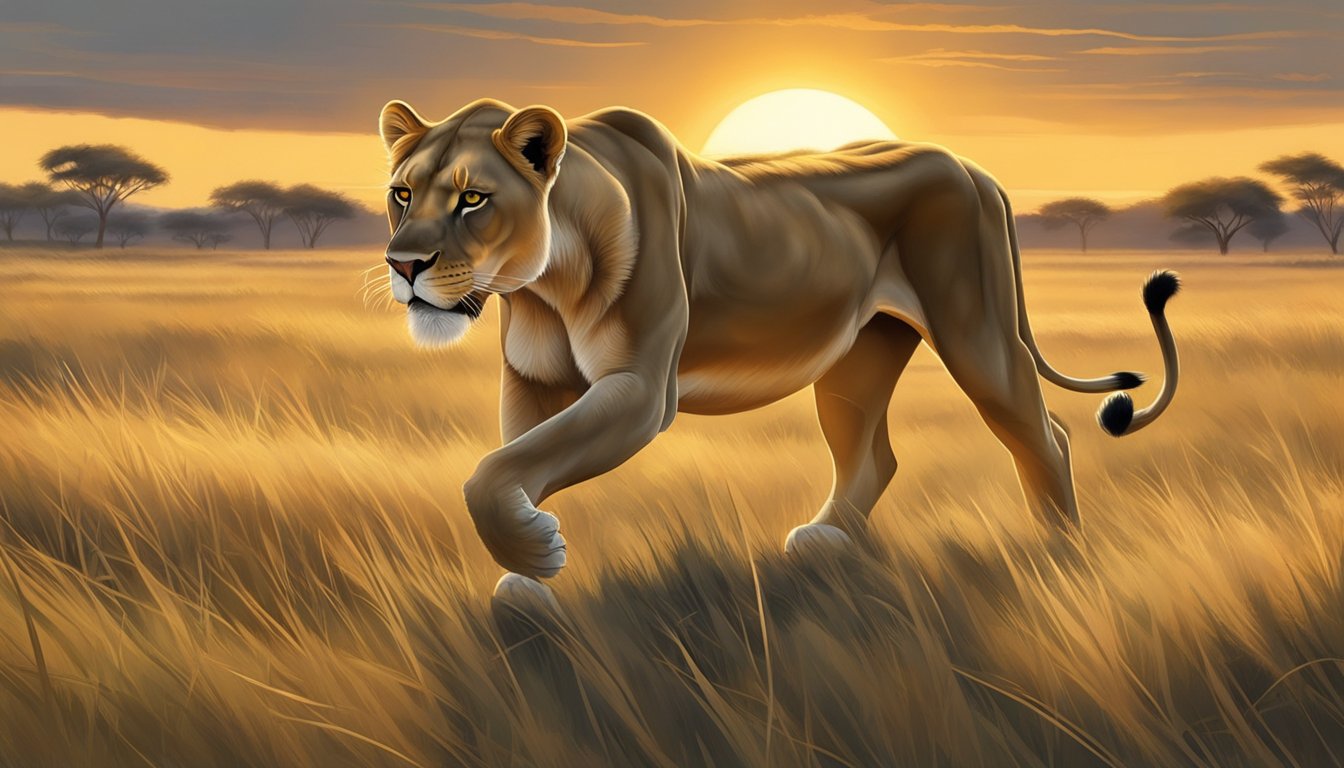 A lioness prowls through a grassy savannah, her powerful muscles rippling as she hunts for prey. The setting sun casts a warm glow over the landscape, creating a dramatic and primal atmosphere