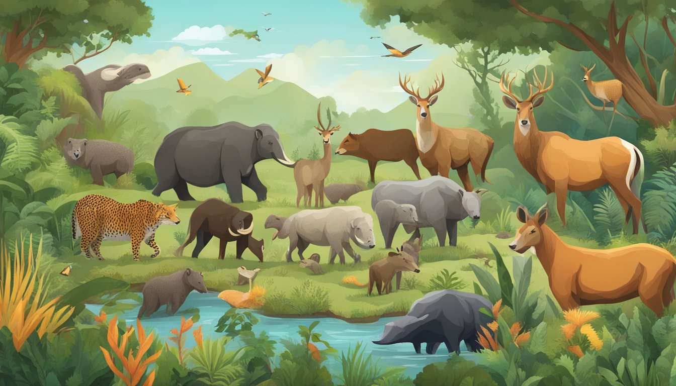 A group of animals thriving in a lush, diverse ecosystem, showcasing the benefits of a carnivore diet for longevity