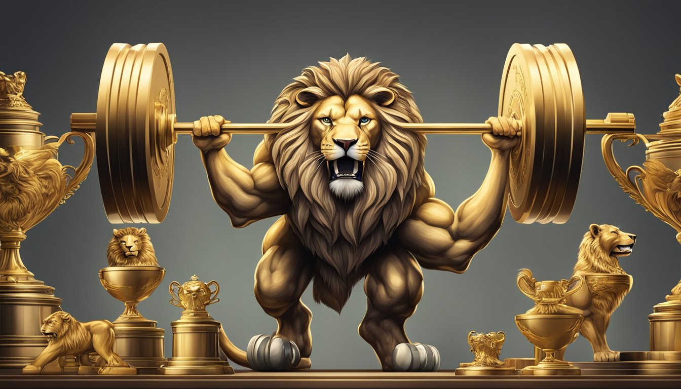 A muscular lion confidently lifts heavy weights while surrounded by a display of trophies and medals