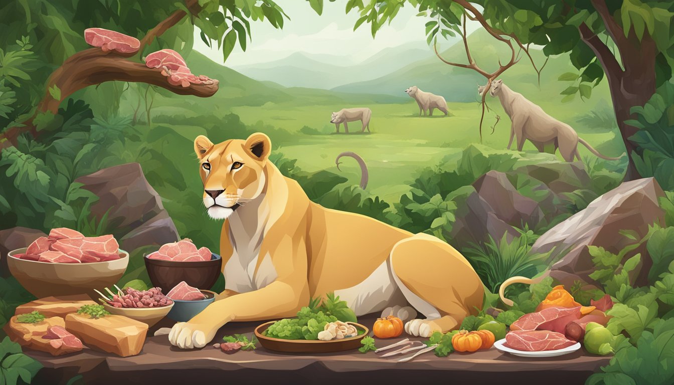 A lioness feasting on a fresh kill, surrounded by a variety of raw meats and bones, with a backdrop of lush greenery