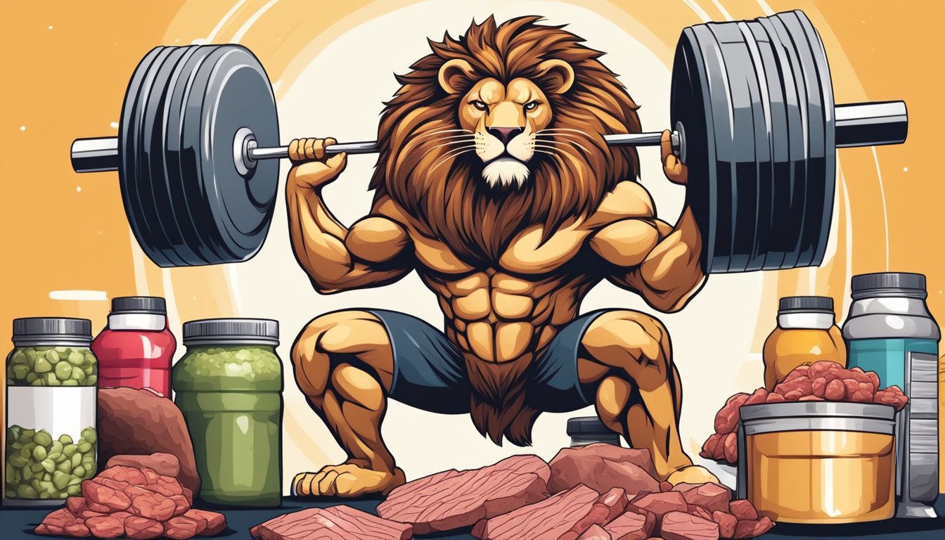 A muscular lion lifting weights while surrounded by raw meat and protein supplements