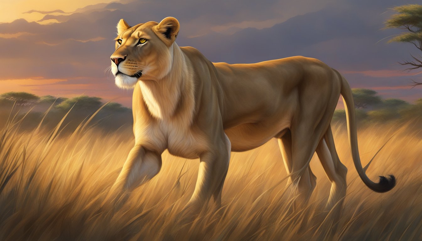 A lioness prowls through a lush savanna, her powerful muscles rippling as she hunts for prey. The sun sets in the distance, casting a warm glow over the scene