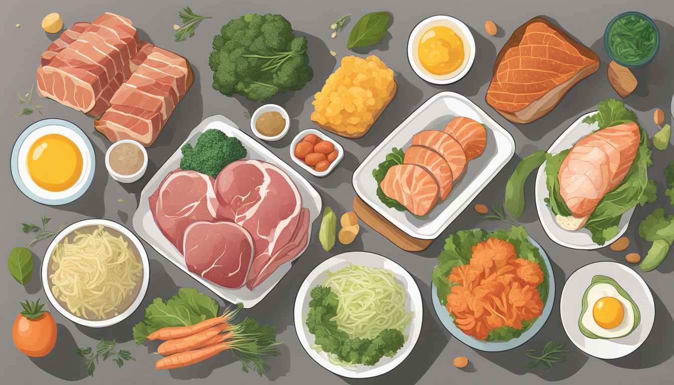 A carnivore diet with foods like meat, fish, and eggs, alongside probiotic-rich foods like sauerkraut and kimchi, to promote a healthy gut microbiome and reduce inflammation