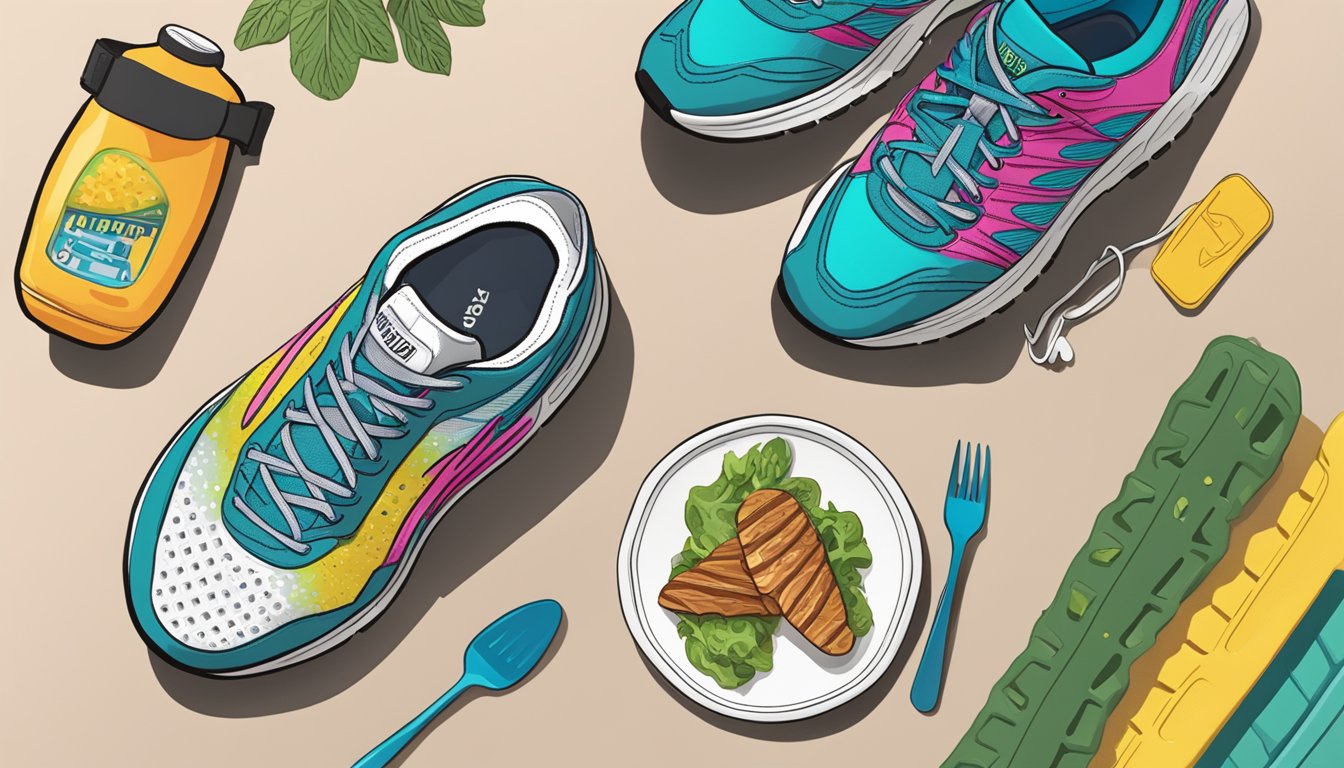 A carnivore diet plate next to a pair of running shoes