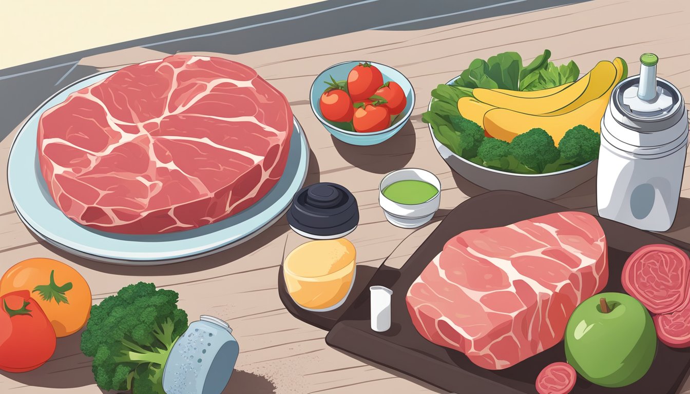 A table with raw meat, vegetables, and a blender with protein powder and fruits. A person's workout gear and water bottle in the background