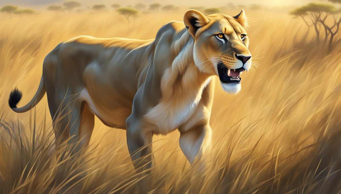 A lioness prowls through a lush savanna, her powerful muscles rippling beneath her golden fur. She eyes a herd of wildebeest, her sharp teeth glistening in the sunlight