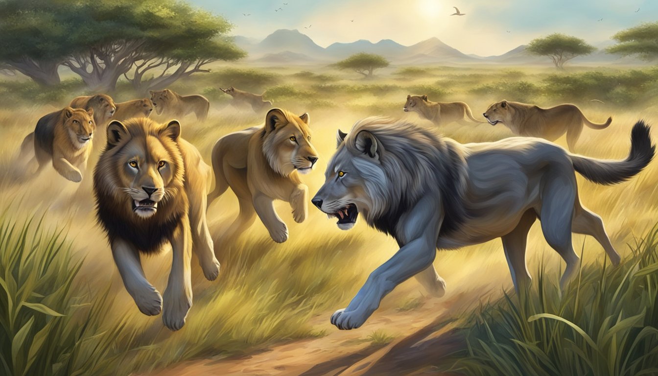 A group of wild animals, including wolves and lions, running through a lush savannah, hunting and feasting on their prey