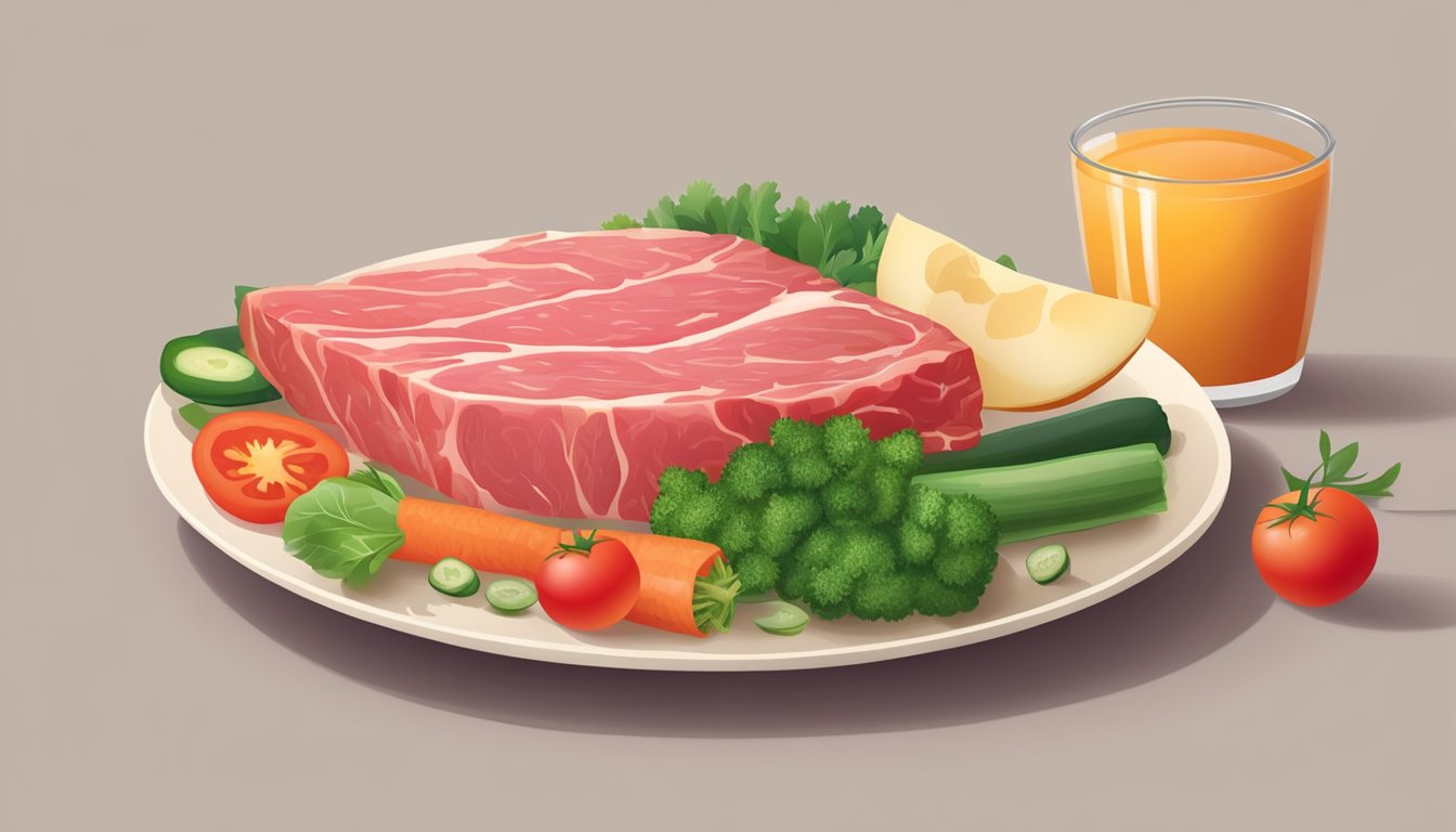 A plate with raw meat and vegetables, next to a clear, healthy-looking skin