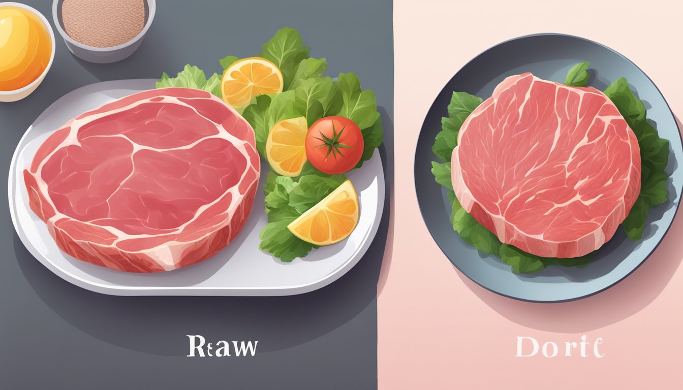 A carnivore diet before and after skin: A plate of raw meat surrounded by vibrant, healthy skin turning pale and dry