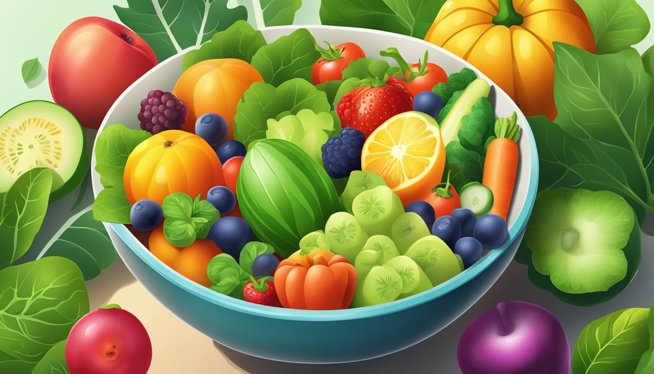 A bowl of fresh fruits and vegetables surrounded by vibrant green leaves, with a clear and glowing complexion in the background