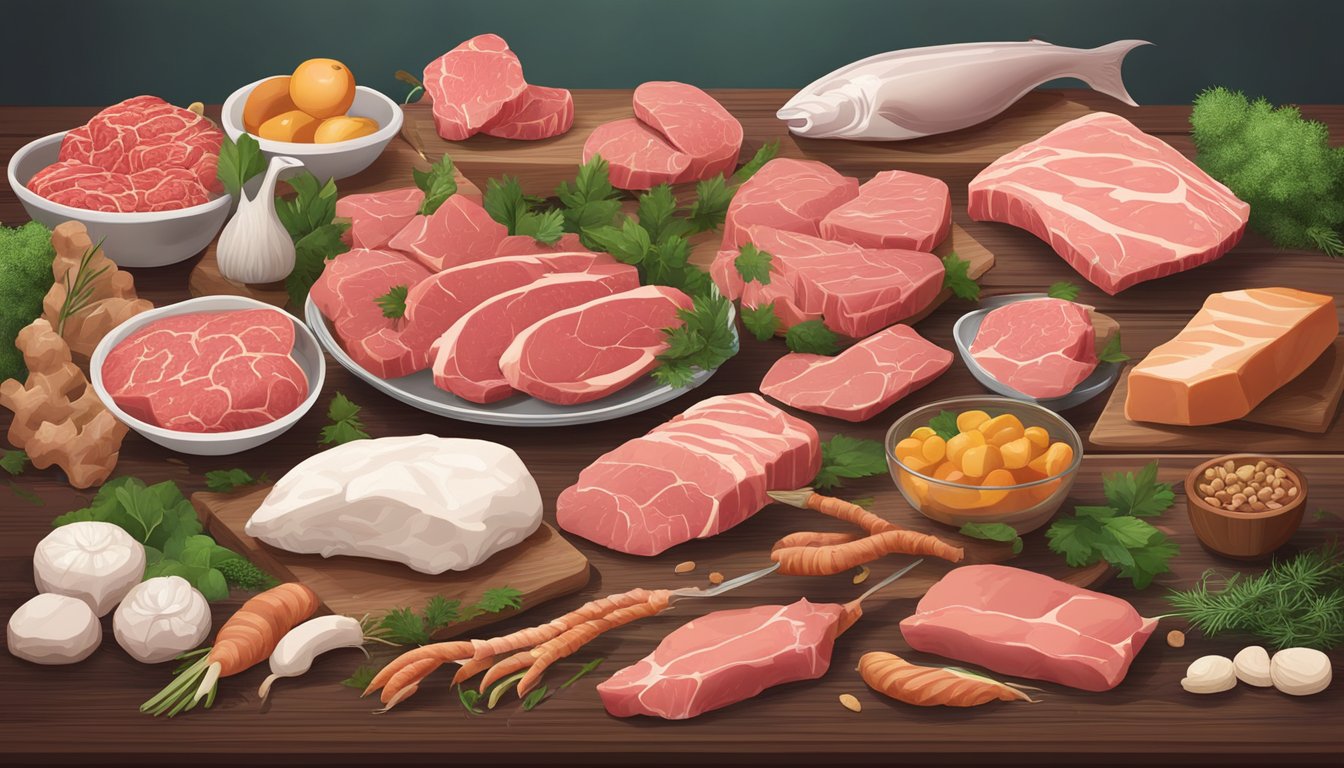 A variety of fresh, raw meat and animal products displayed on a wooden table, surrounded by bones and minimal vegetation