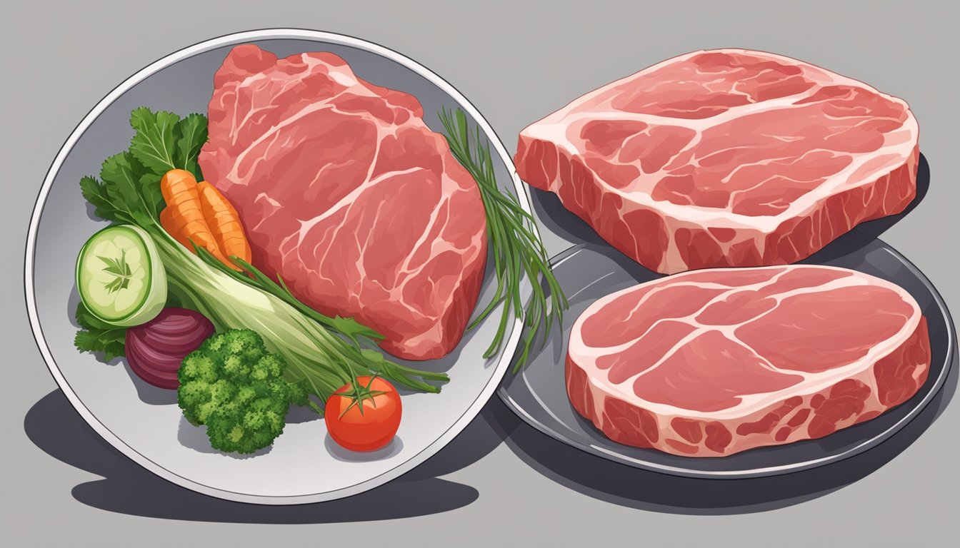 A plate with raw meat and vegetables, next to a plate with cooked meat and clear skin