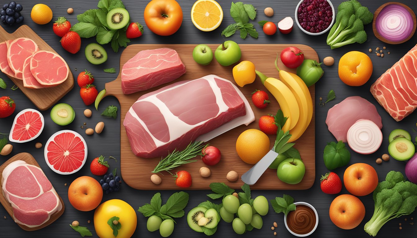 A variety of fresh, raw meats and animal products arranged on a wooden cutting board, surrounded by vibrant, colorful fruits and vegetables