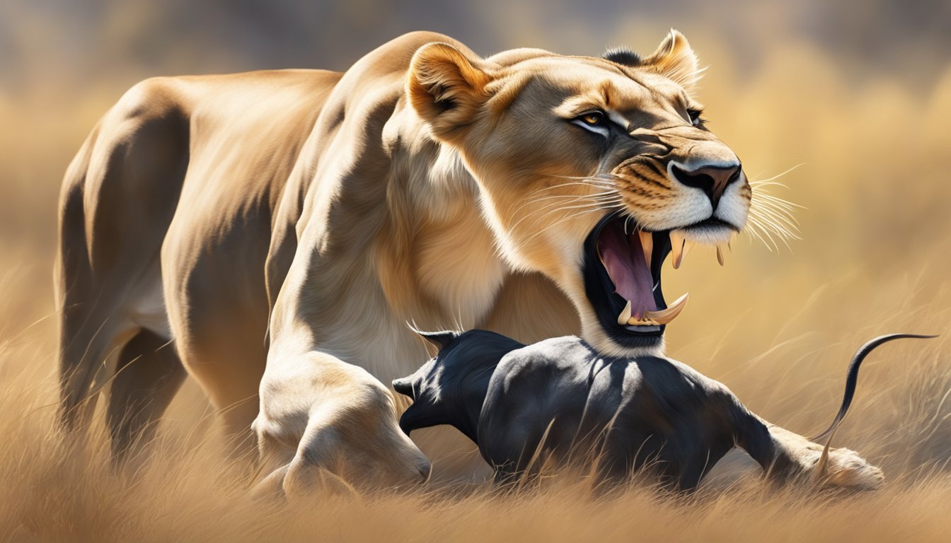 A lioness feasting on a freshly caught wildebeest, her powerful jaws tearing through the meat as she absorbs vital nutrients, her sleek fur glistening in the sunlight