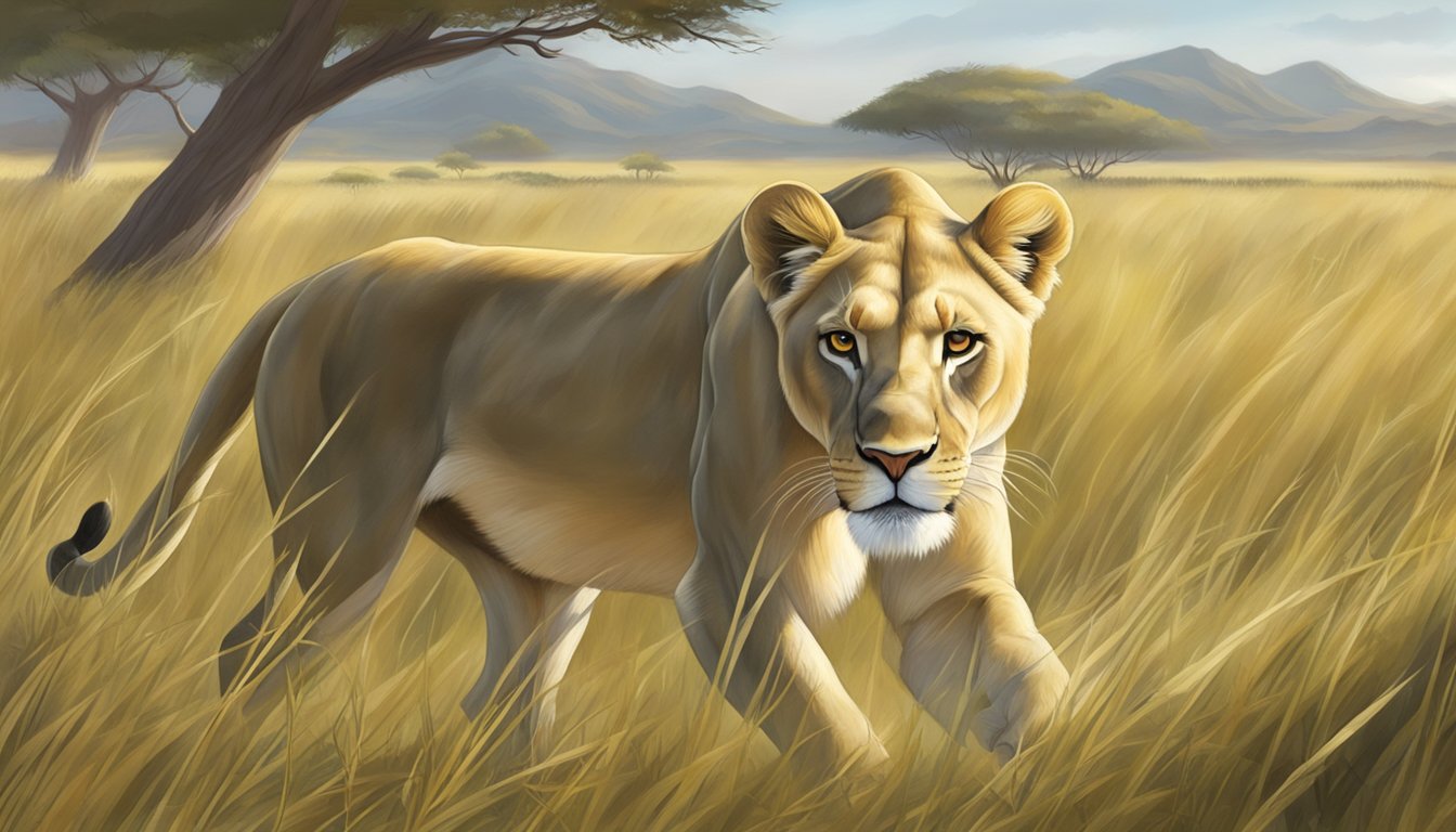 A pregnant lioness prowls through a grassy savannah, hunting for her next meal of raw meat to sustain her and her unborn cubs