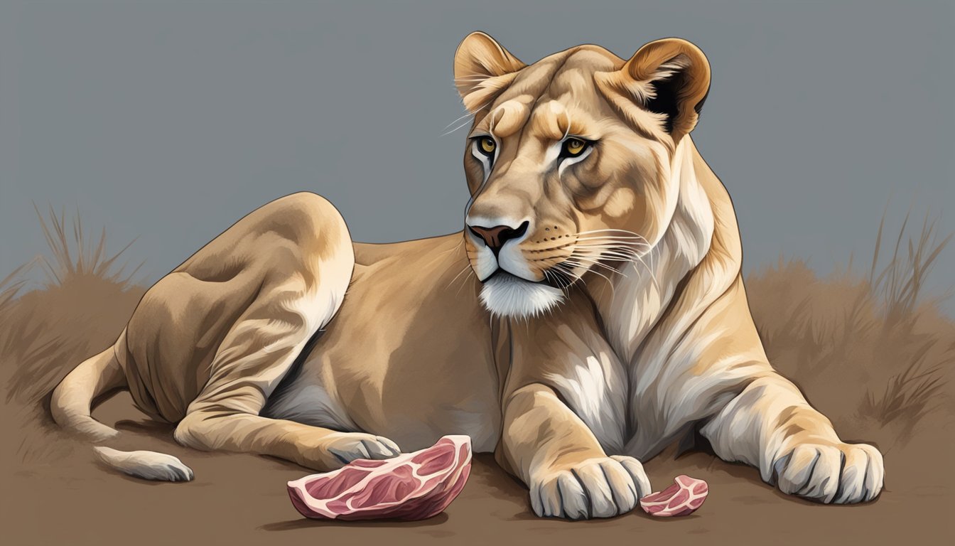 A lioness with a wrinkled muzzle, surrounded by bones and raw meat