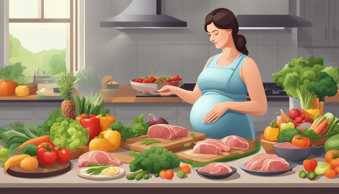 A pregnant woman preparing a variety of meat-based meals, surrounded by fresh vegetables and fruits