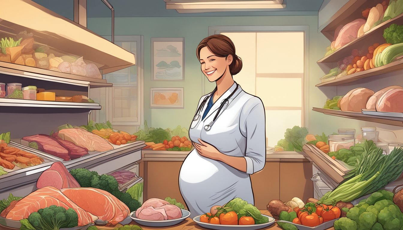 A pregnant carnivore mother glowing with health, surrounded by a variety of fresh meats, vegetables, and supplements, with a doctor smiling approvingly in the background