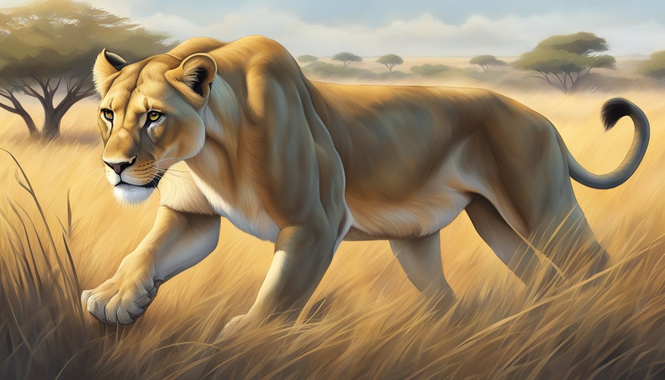 A lioness prowls through the savanna, her powerful muscles rippling as she hunts for her next meal of fresh meat