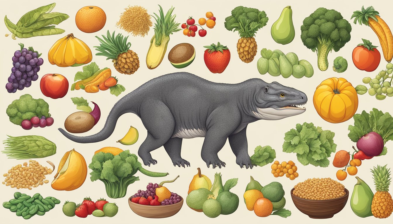 A carnivorous animal surrounded by a variety of alternative and complementary foods, including fruits, vegetables, and grains