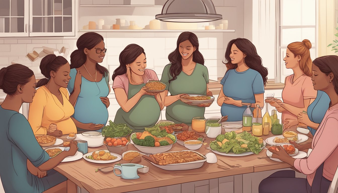 A group of pregnant women gather around a table, sharing recipes and tips for maintaining a carnivore diet during pregnancy. They offer each other support and encouragement