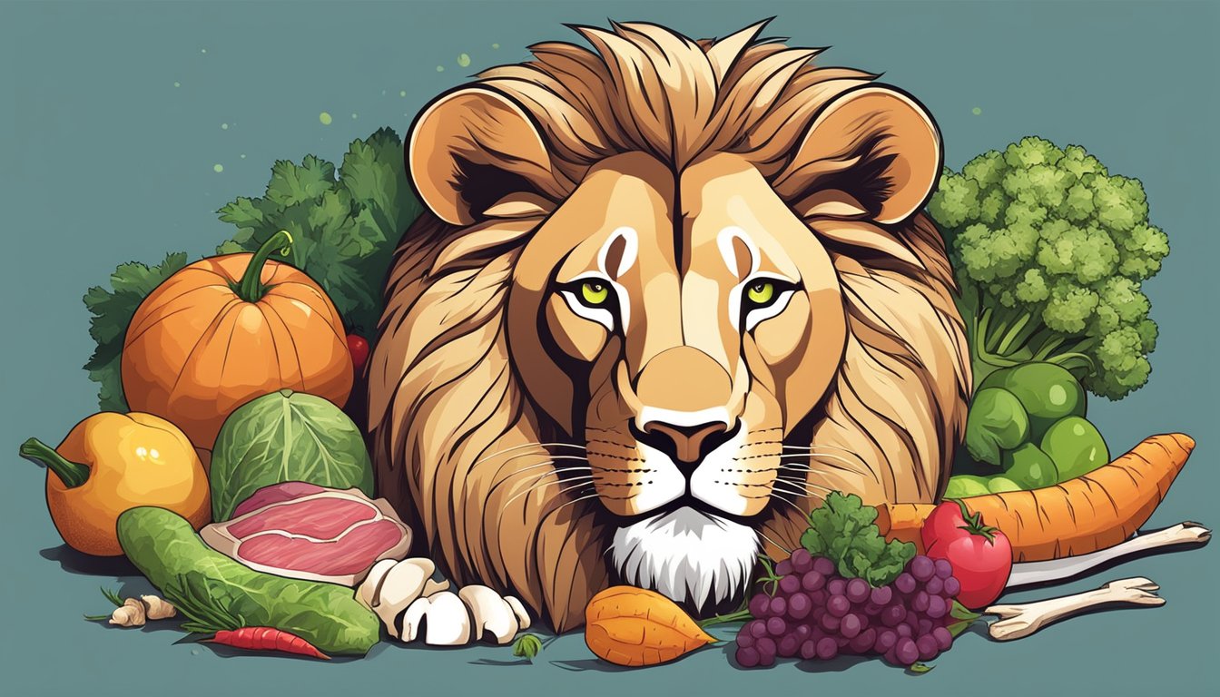 A lion surrounded by fresh meat and bones, with a few scattered vegetables and fruits nearby