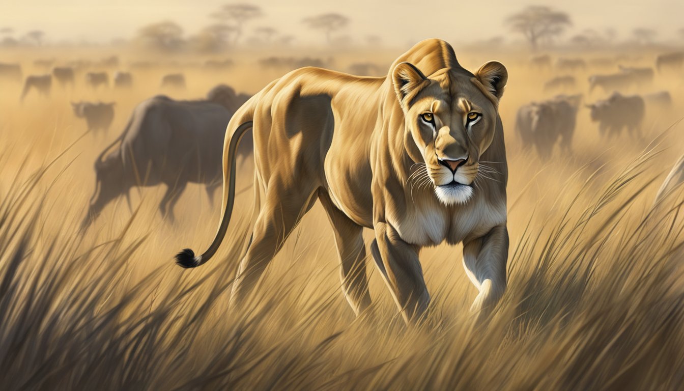 A lioness prowls through tall grass, her powerful muscles rippling beneath her sleek coat. In the distance, a herd of wildebeest grazes, unaware of the predator's presence