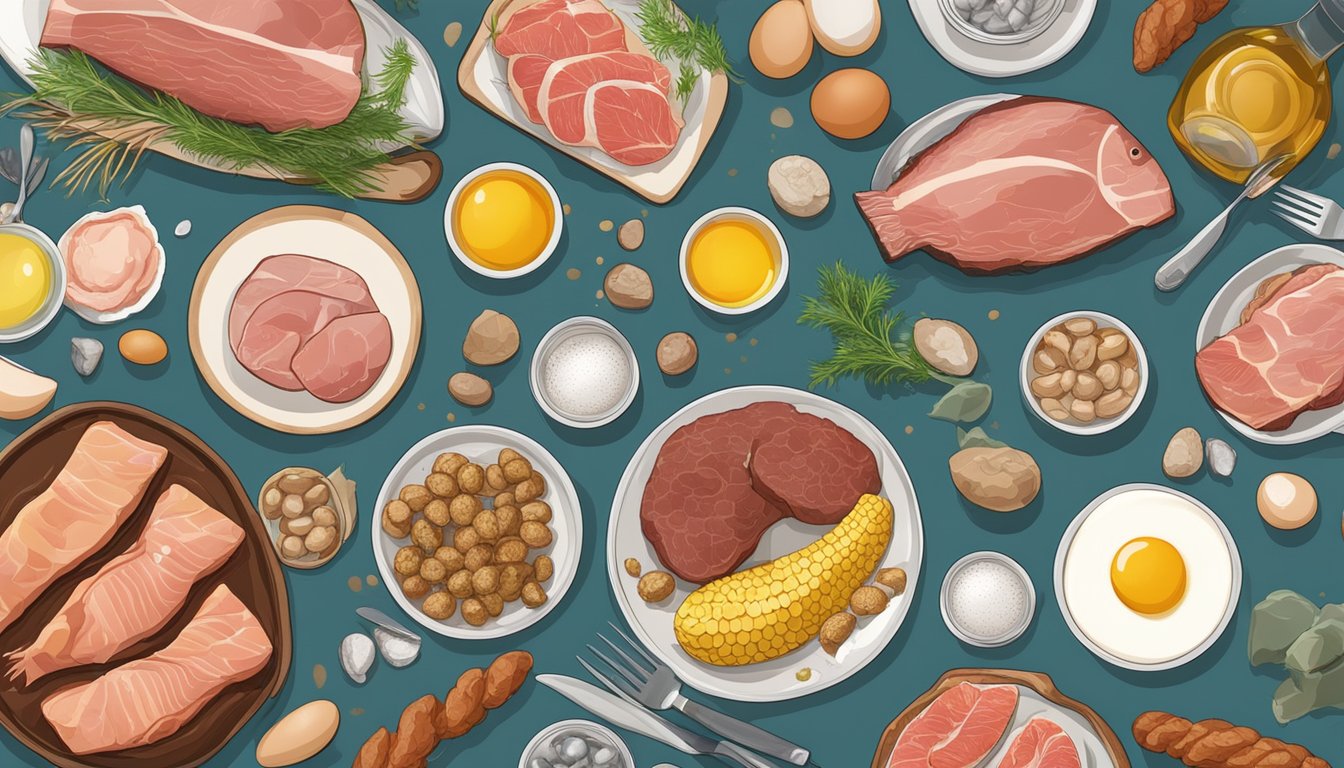 A table with various meats, fish, and eggs, surrounded by testosterone hormone molecules