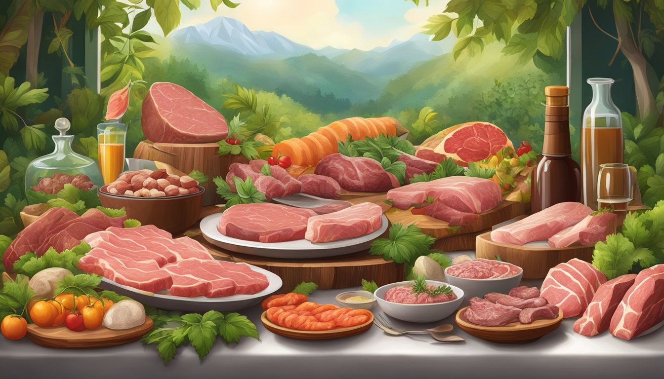 A table set with a variety of raw meats and animal products, surrounded by lush greenery and wild animals