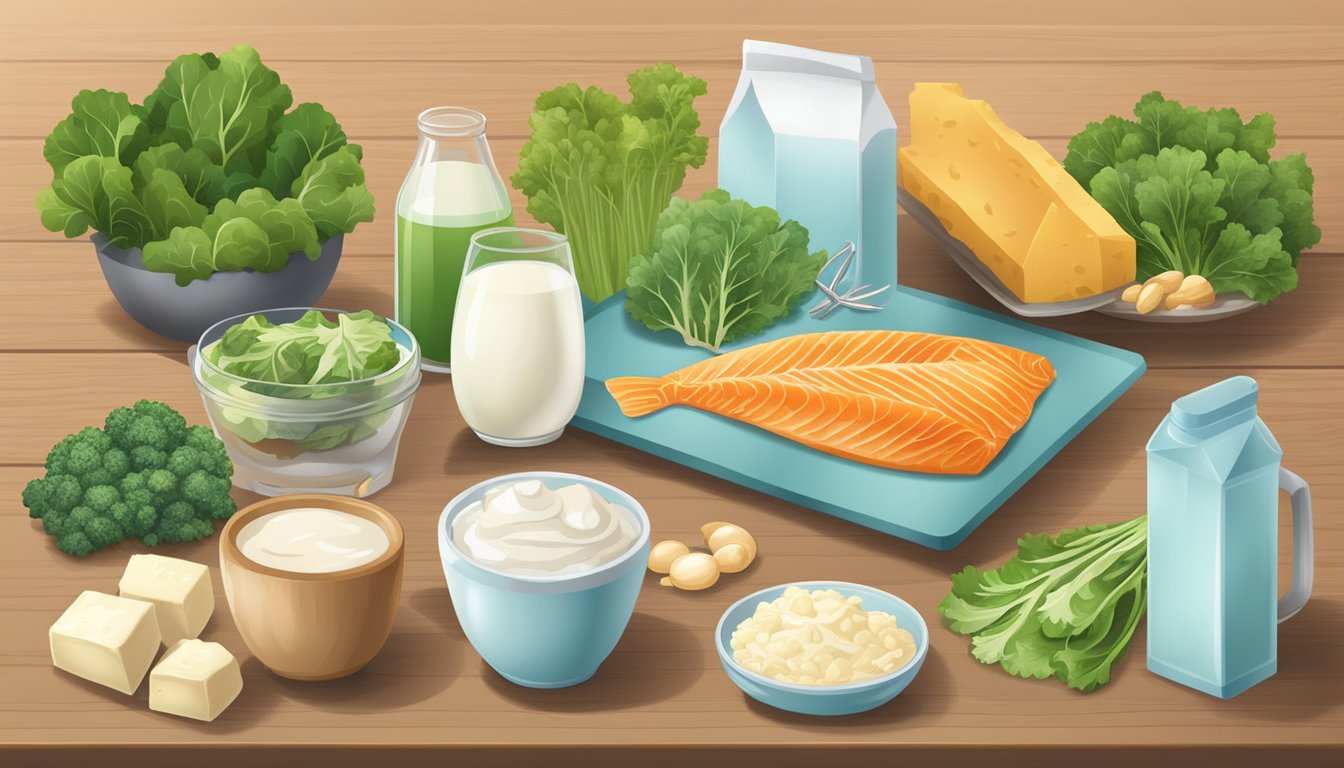 A variety of calcium-rich foods such as dairy products, leafy greens, and fish are displayed on a wooden table