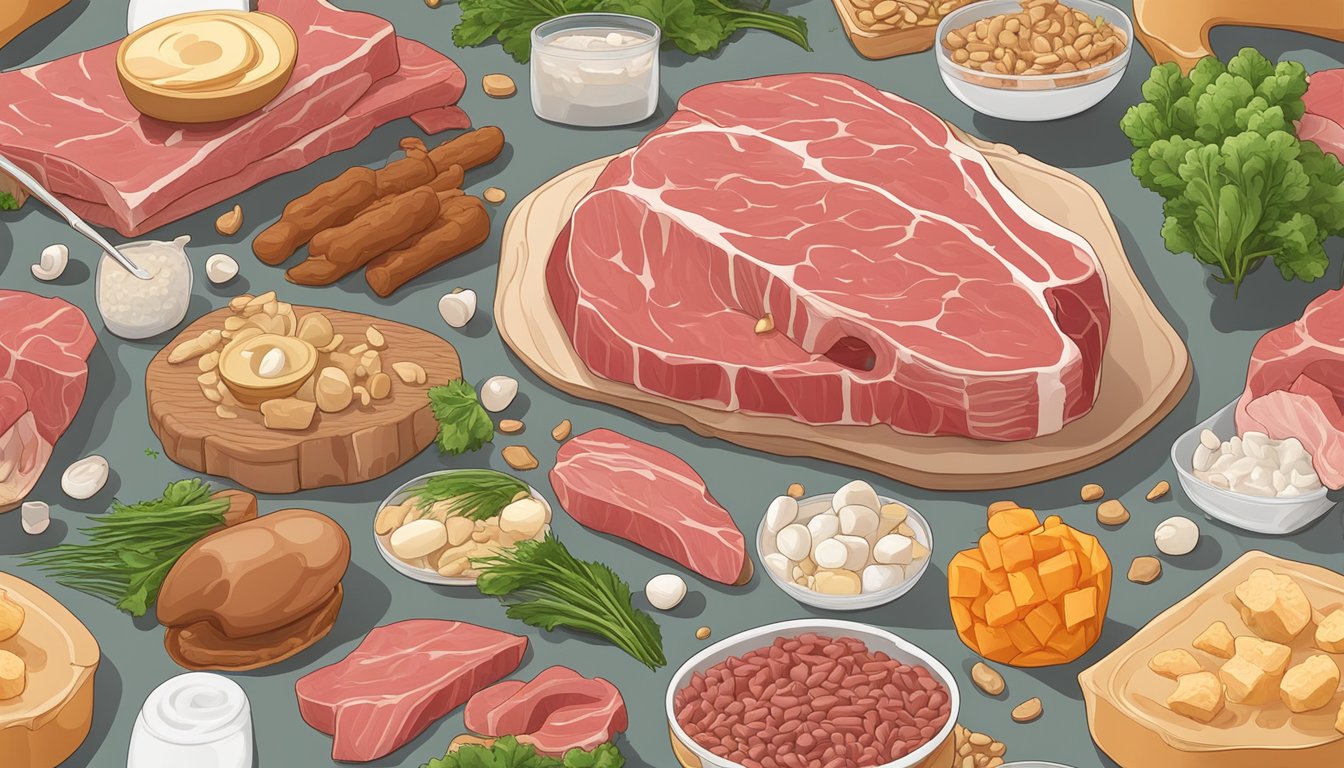 A raw piece of meat surrounded by bones and a small pile of calcium-rich food