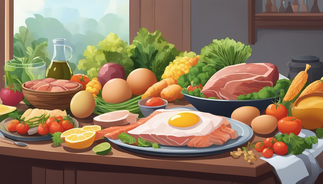 A table set with a variety of meats, fish, and eggs, surrounded by fresh vegetables and fruits. A pile of books on nutrition and health sits nearby