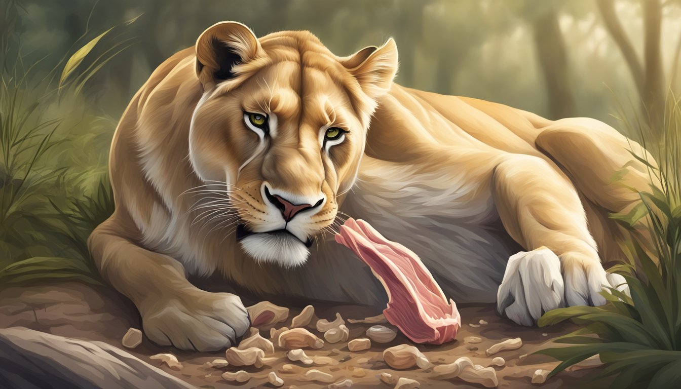 A lioness crunches on bones, her powerful jaws grinding down calcium-rich meat for her carnivore diet