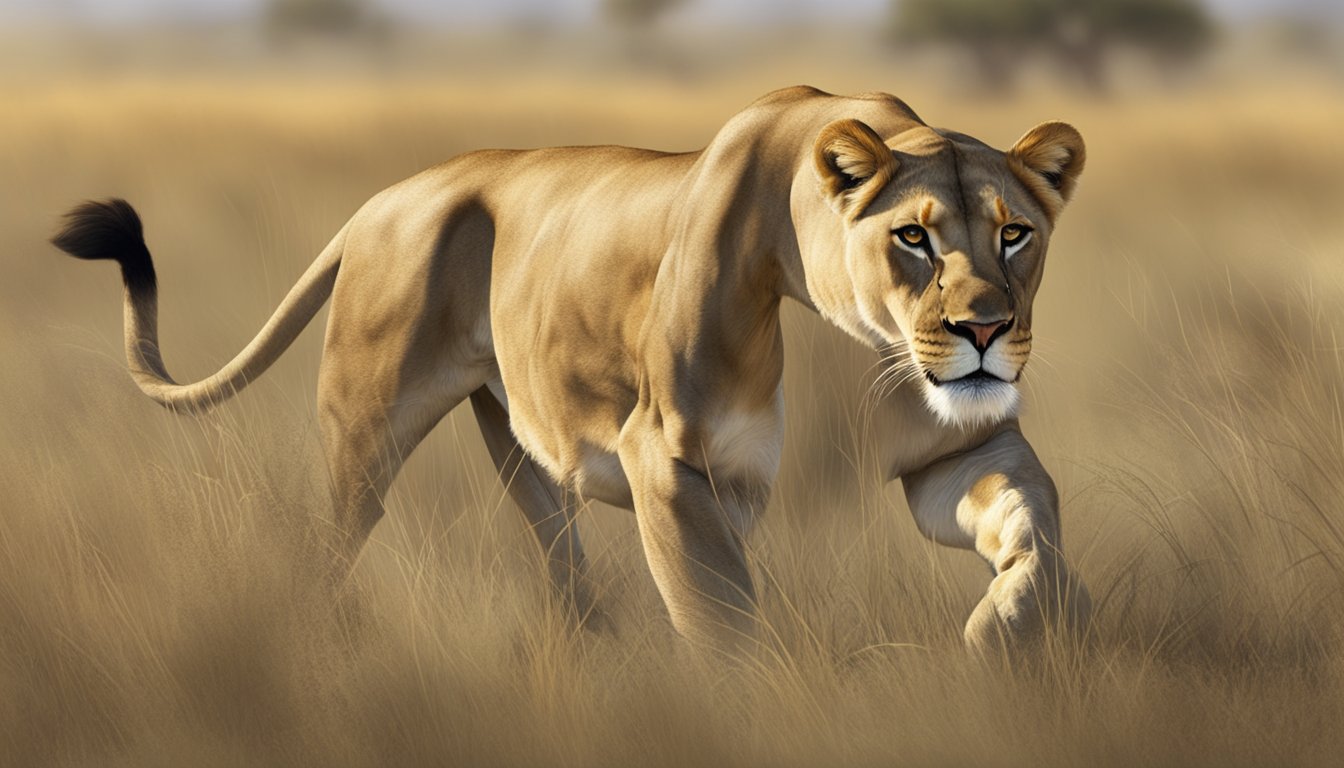 A lioness prowls through a grassy savannah, her powerful muscles rippling as she hunts for prey. Nearby, a herd of antelope grazes peacefully, unaware of the predator's presence