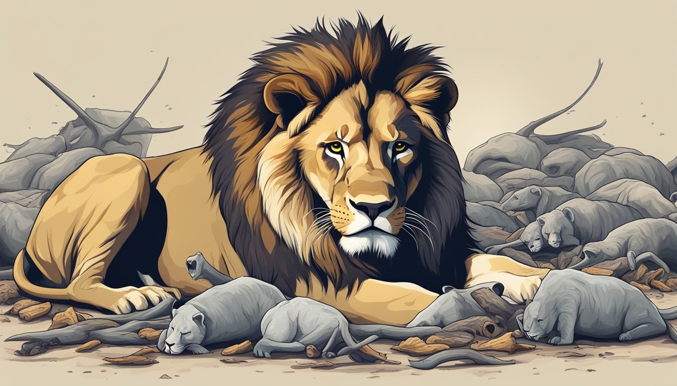 A sad lion surrounded by empty prey carcasses, with a look of hunger and malnourishment