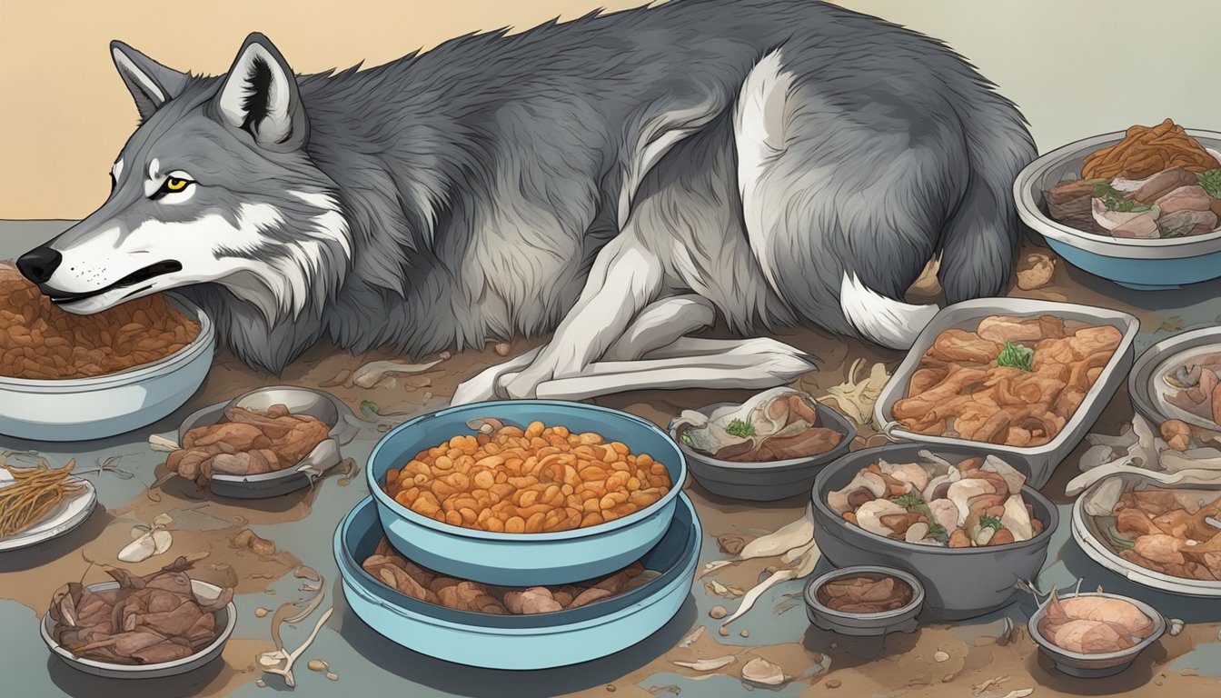 A wolf surrounded by rotting meat, bones, and empty water dishes