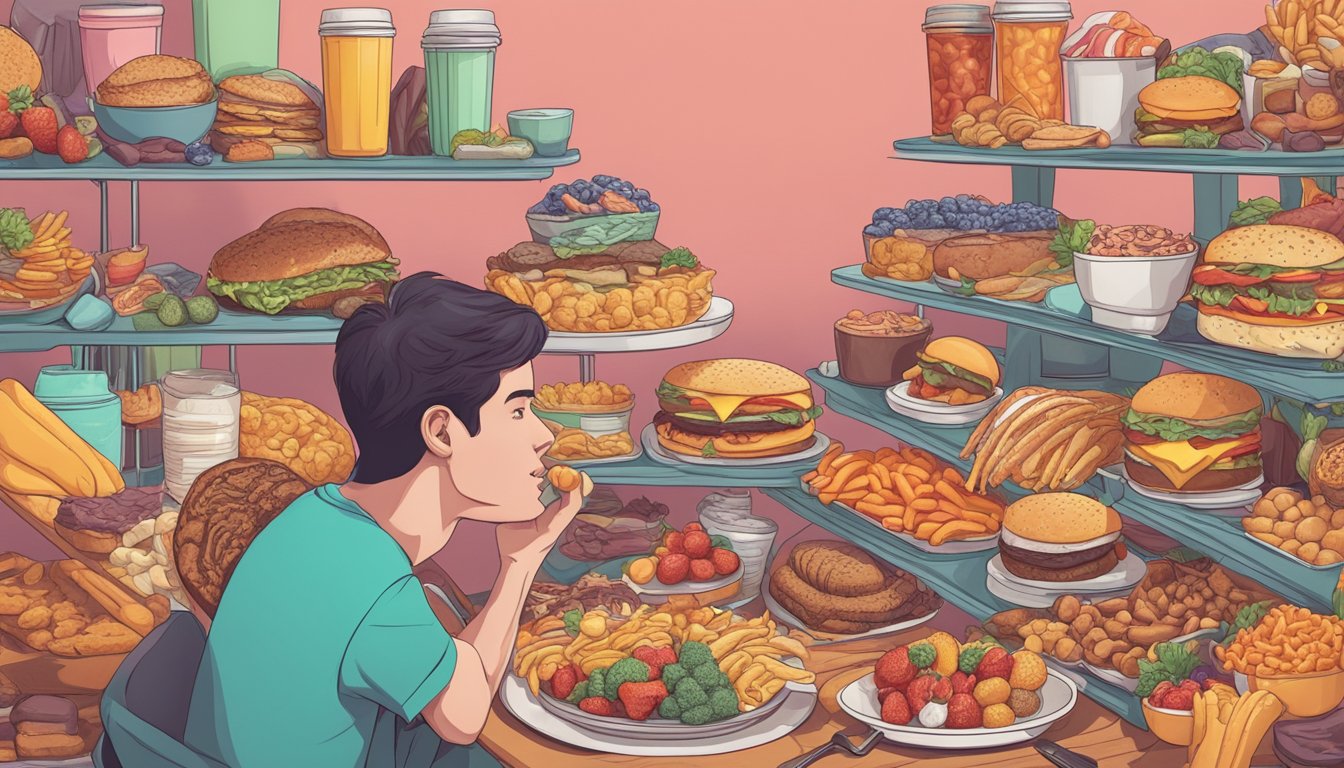 A person surrounded by unhealthy food options, struggling to resist temptation while on a carnivore diet