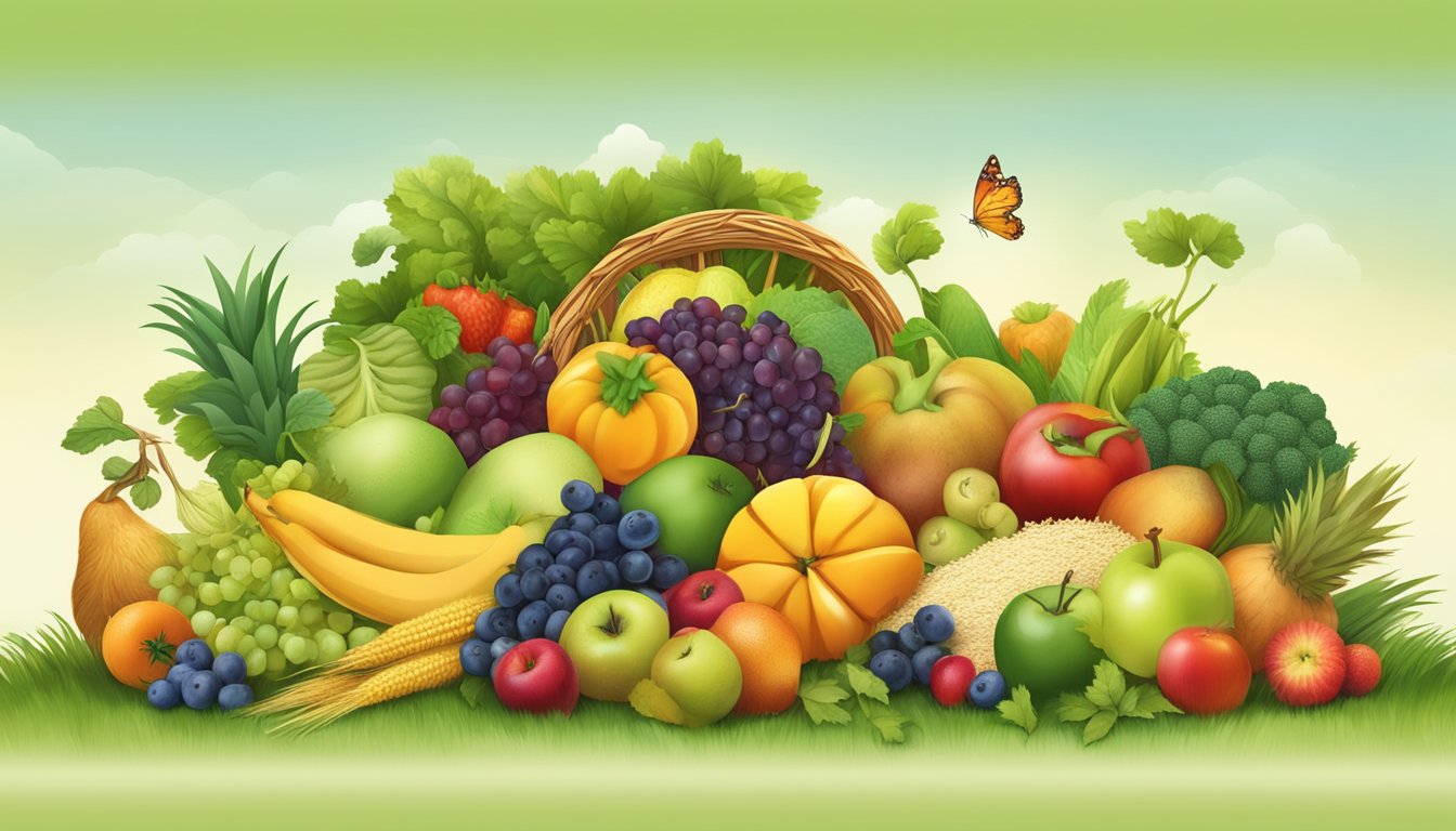 A variety of fruits, vegetables, and grains spilling out of a cornucopia, surrounded by vibrant and healthy-looking animals grazing in a lush, green field