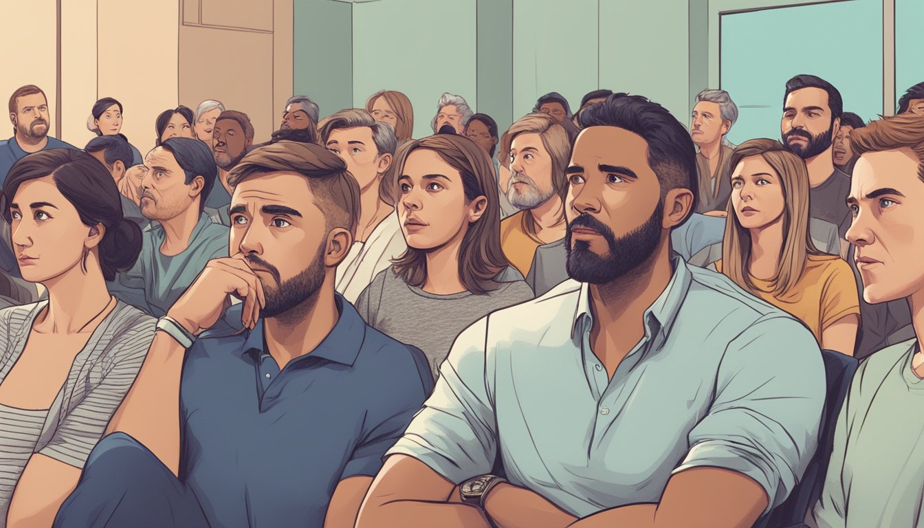 A group of people watching a documentary on Netflix about the carnivore diet, with mixed expressions of interest and skepticism on their faces