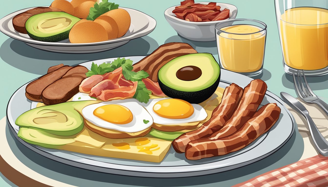 A plate holds a variety of breakfast items: eggs, bacon, sausage, and avocado, all arranged in an appealing and appetizing display