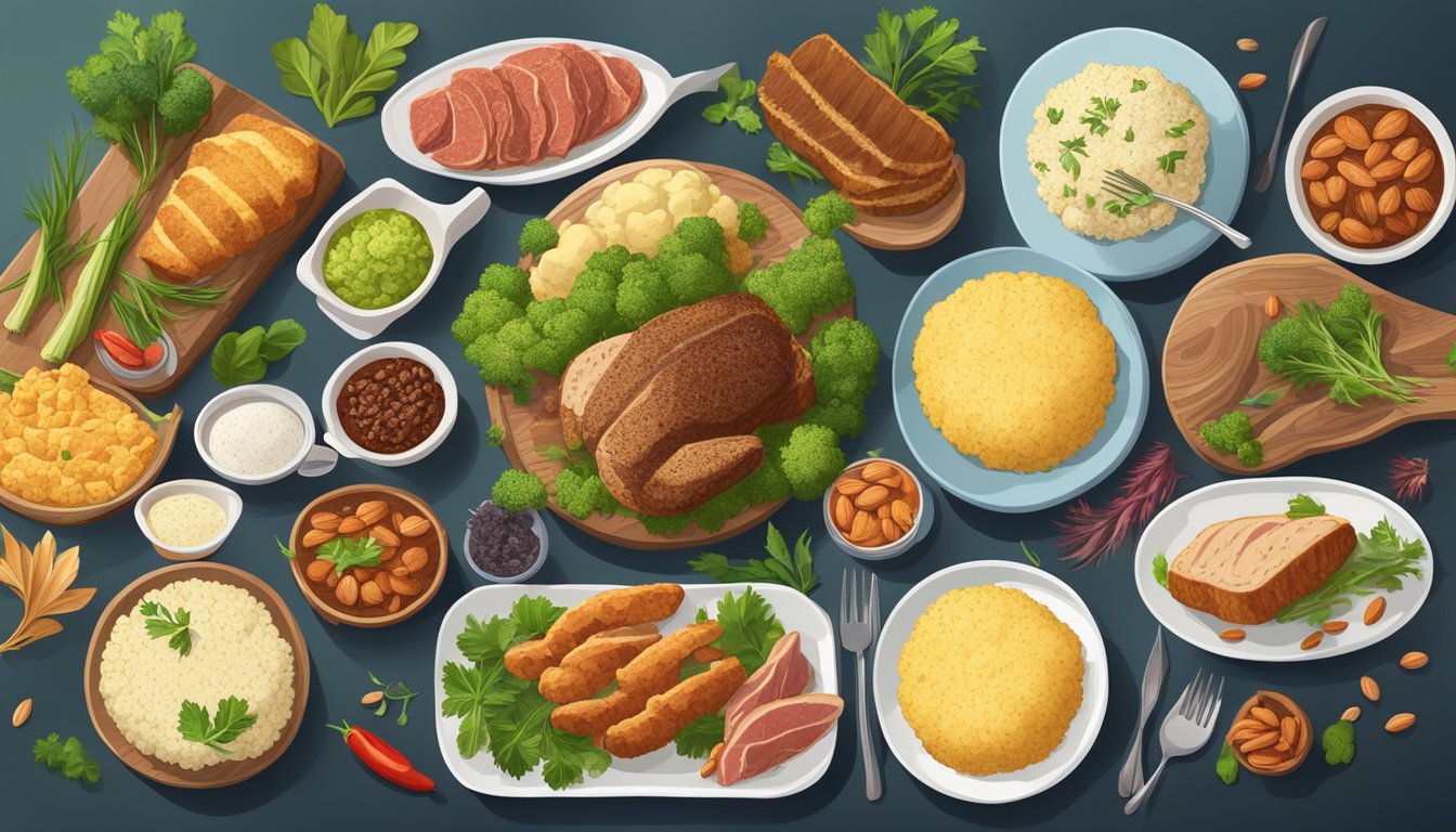 A table set with various meat dishes and non-grain based sides, such as cauliflower rice and almond flour bread, surrounded by carnivorous animals