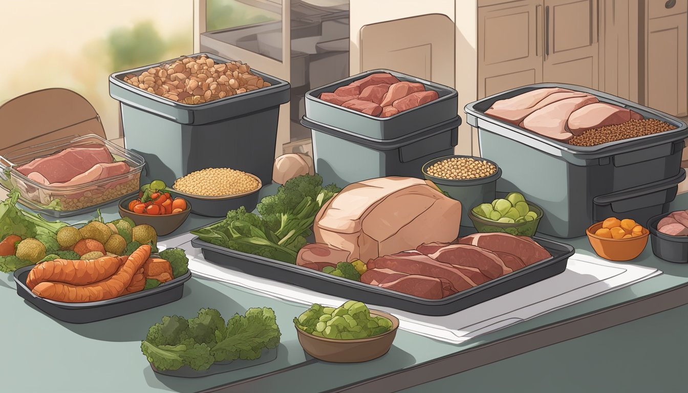 A table set with a variety of fresh meats, vegetables, and grains. A compost bin sits nearby, and reusable containers are ready for meal prep