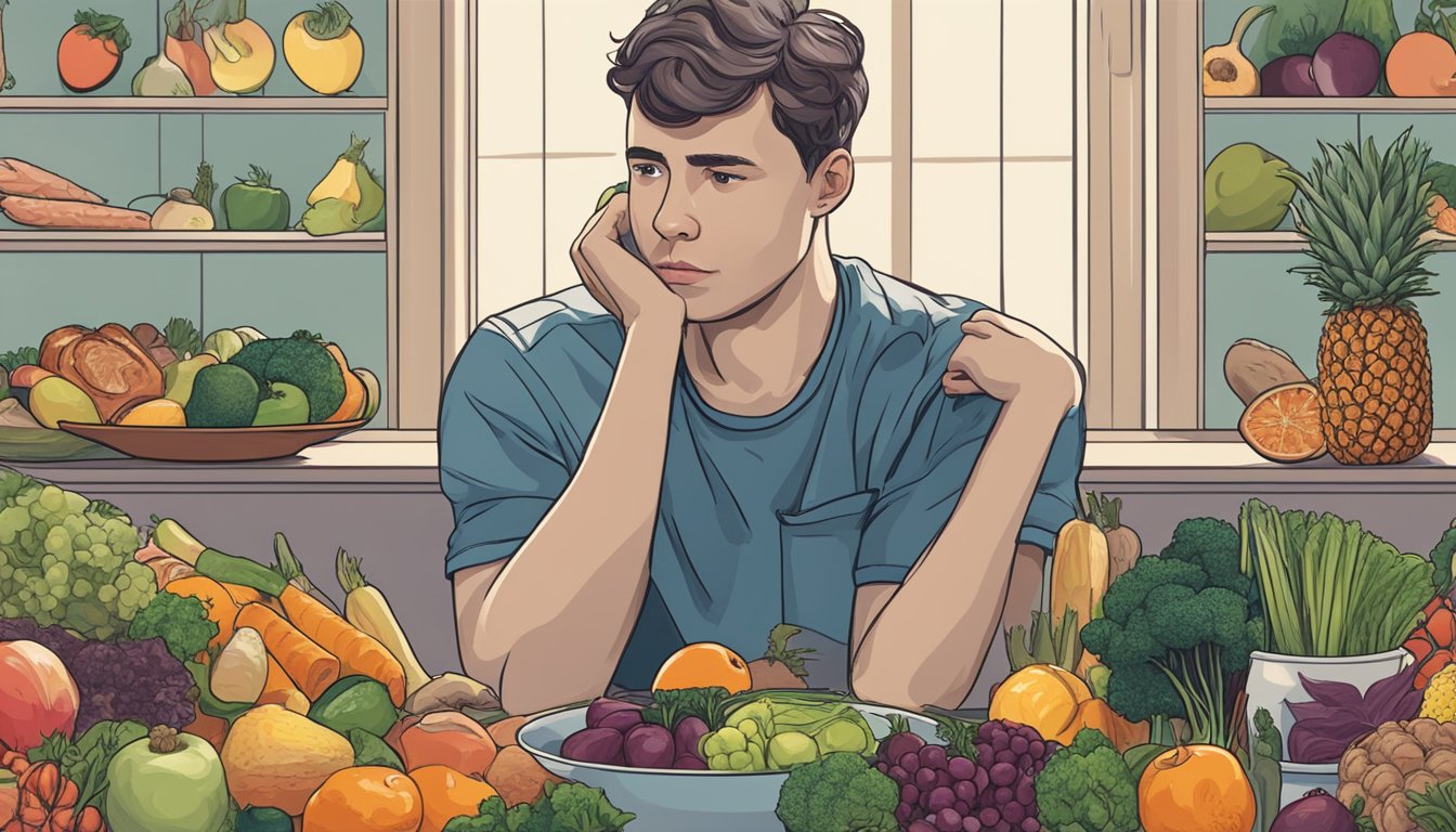 A person sitting at a table, surrounded by various fruits, vegetables, and meats. The person looks contemplative, with a mix of curiosity and concern on their face